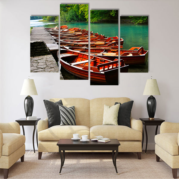 Boats in the national park Plitvice Multi Panel Canvas Wall Art