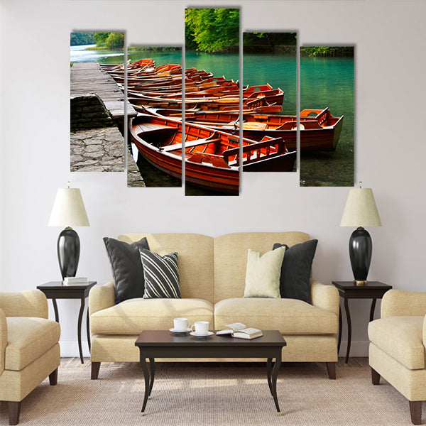 Boats in the national park Plitvice Multi Panel Canvas Wall Art