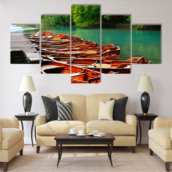 Boats in the national park Plitvice Multi Panel Canvas Wall Art