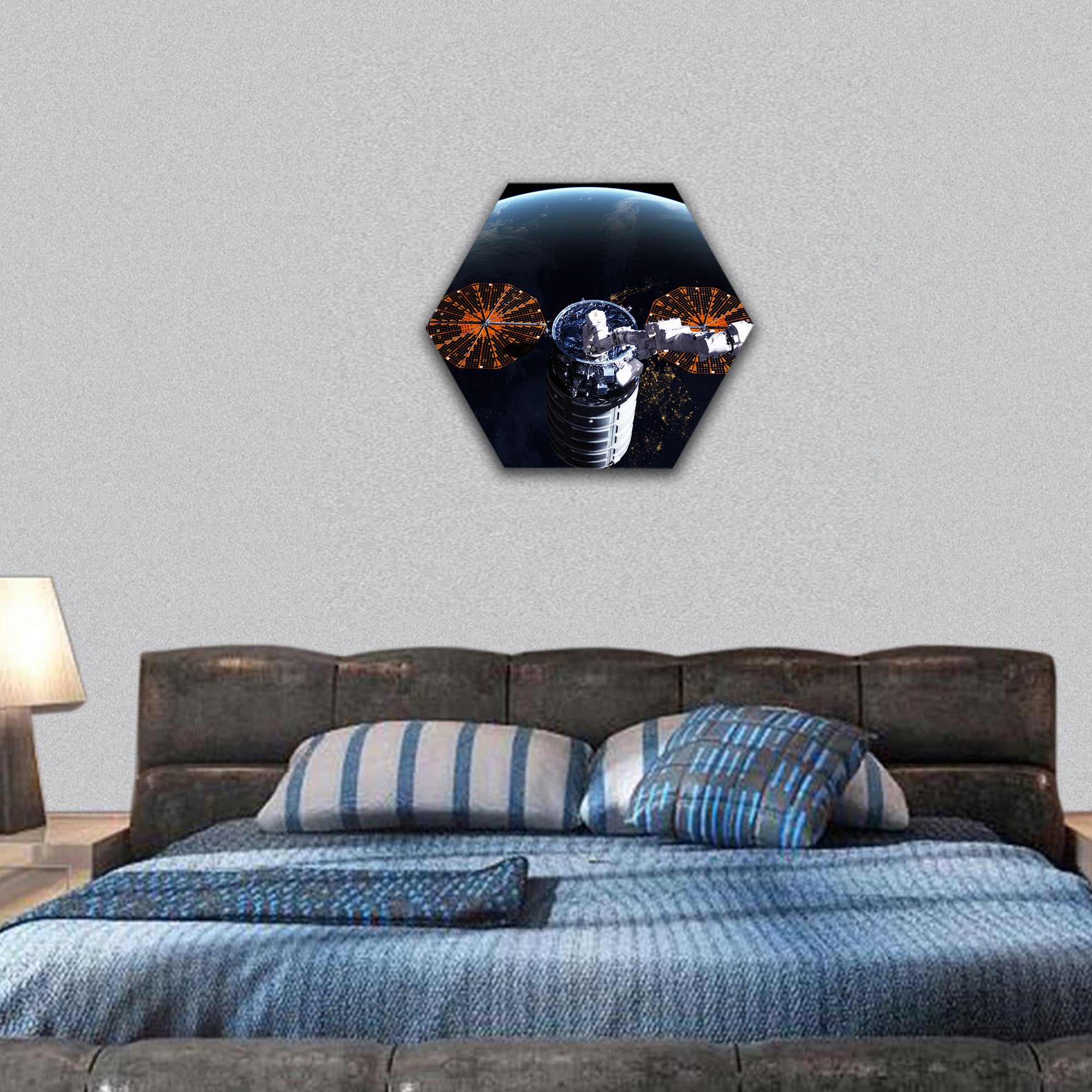 Cygnus spacecraft in open space hexagonal canvas wall art