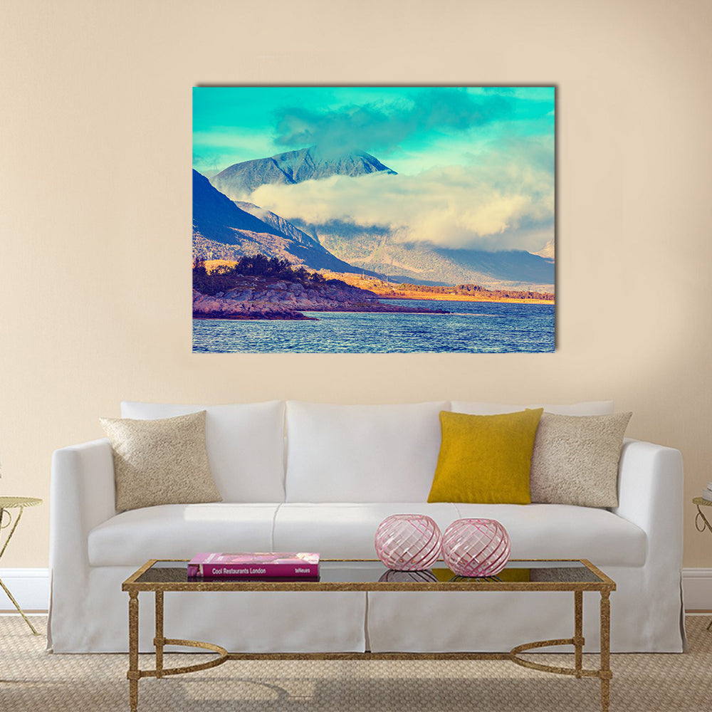 Arctic wilderness, mountain landscape at magic sunset, rocky sea shore multi panel canvas wall art