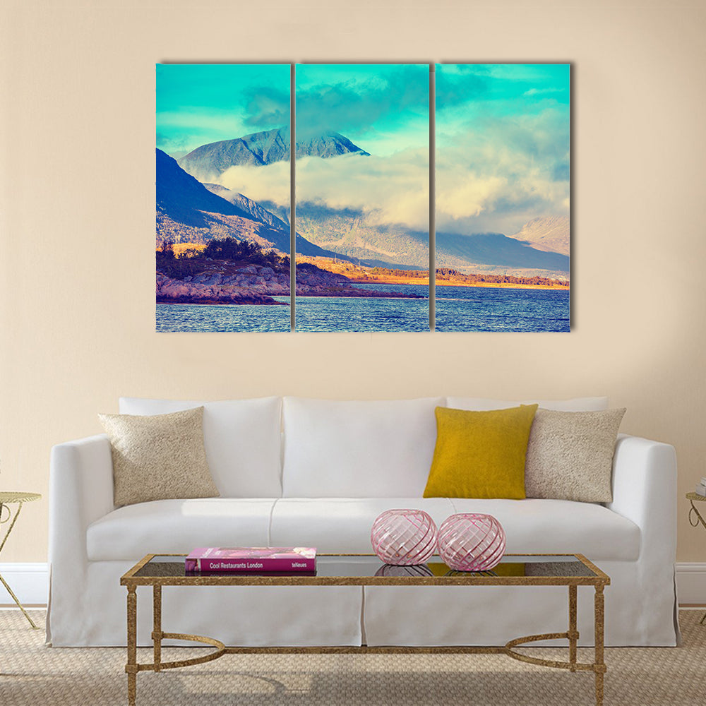 Arctic wilderness, mountain landscape at magic sunset, rocky sea shore multi panel canvas wall art