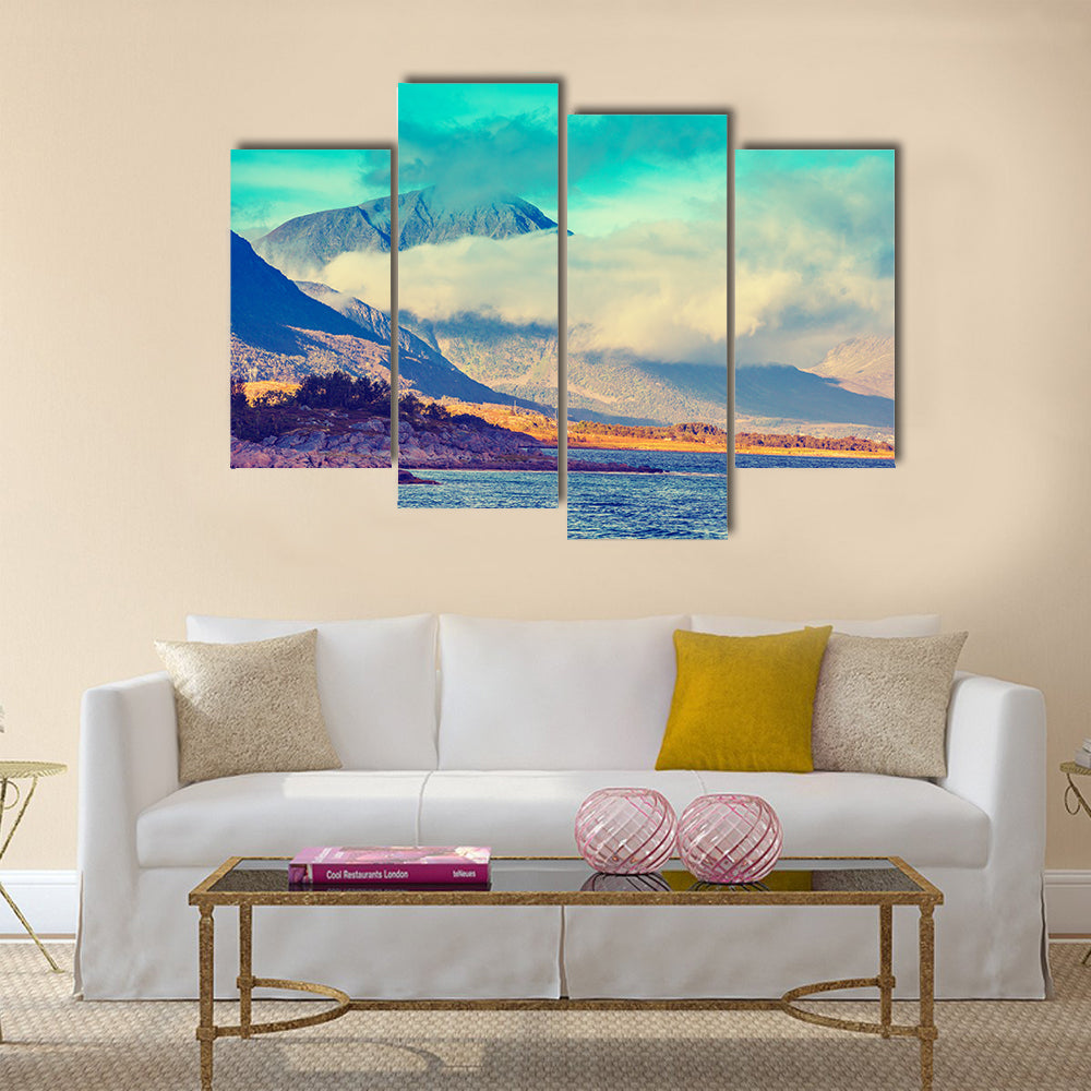 Arctic wilderness, mountain landscape at magic sunset, rocky sea shore multi panel canvas wall art