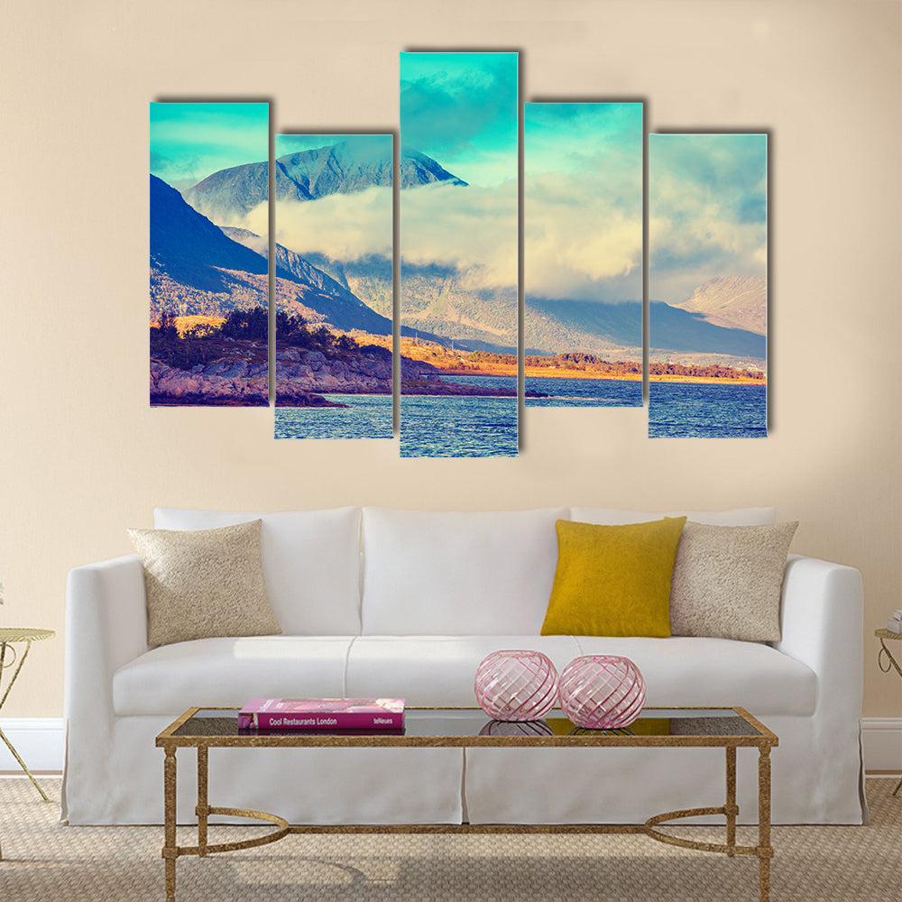Arctic wilderness, mountain landscape at magic sunset, rocky sea shore multi panel canvas wall art