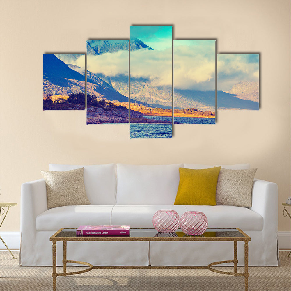 Arctic wilderness, mountain landscape at magic sunset, rocky sea shore multi panel canvas wall art