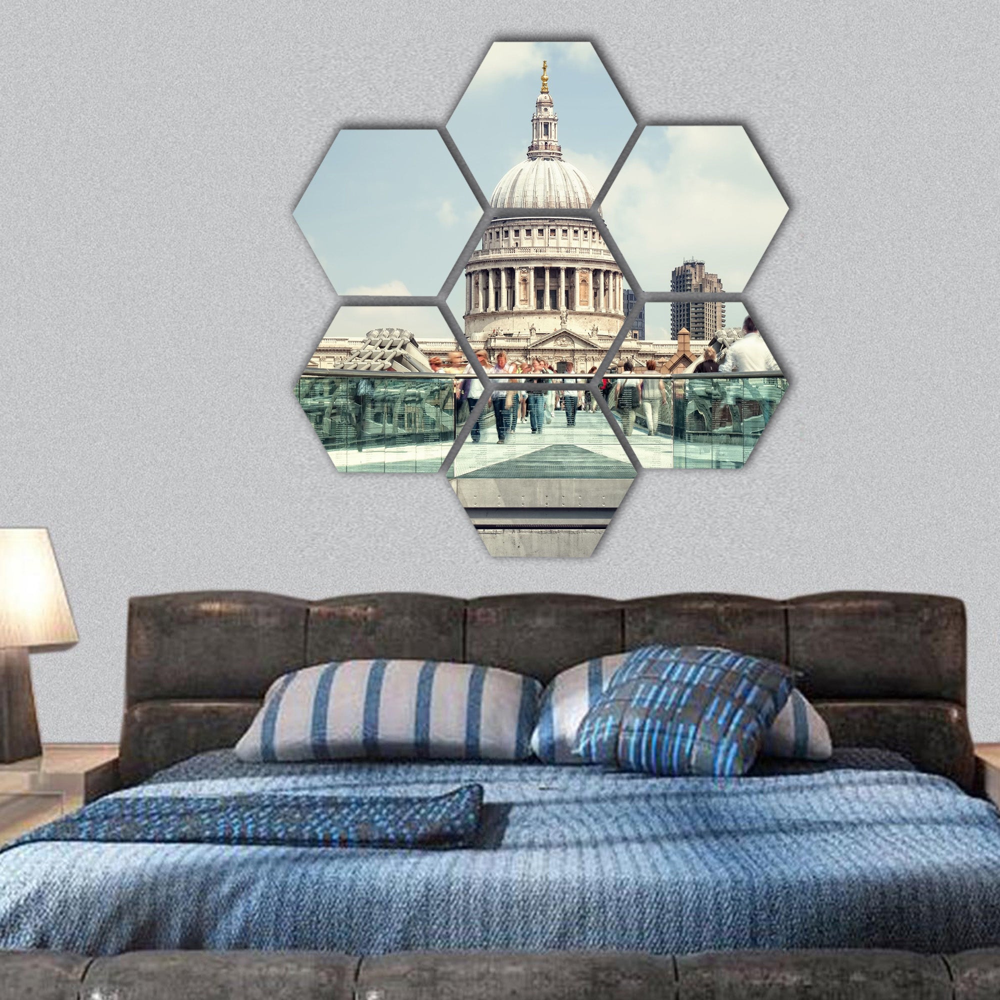 Cathedral and Millennium Bridge at night hexagonal canvas wall art