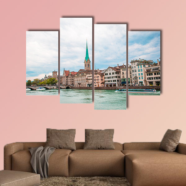 View of the historic city center of Zurich with famous Fraumunster wall art