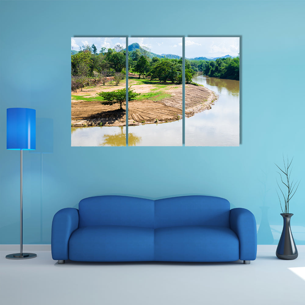 One tree on river view with Beautiful Mountains multi panel canvas wall art