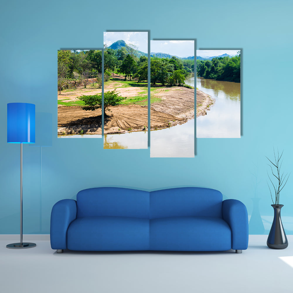 One tree on river view with Beautiful Mountains multi panel canvas wall art