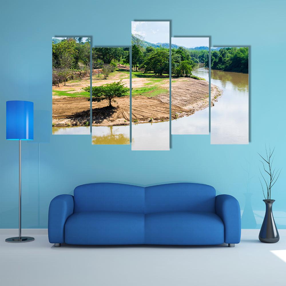 One tree on river view with Beautiful Mountains multi panel canvas wall art