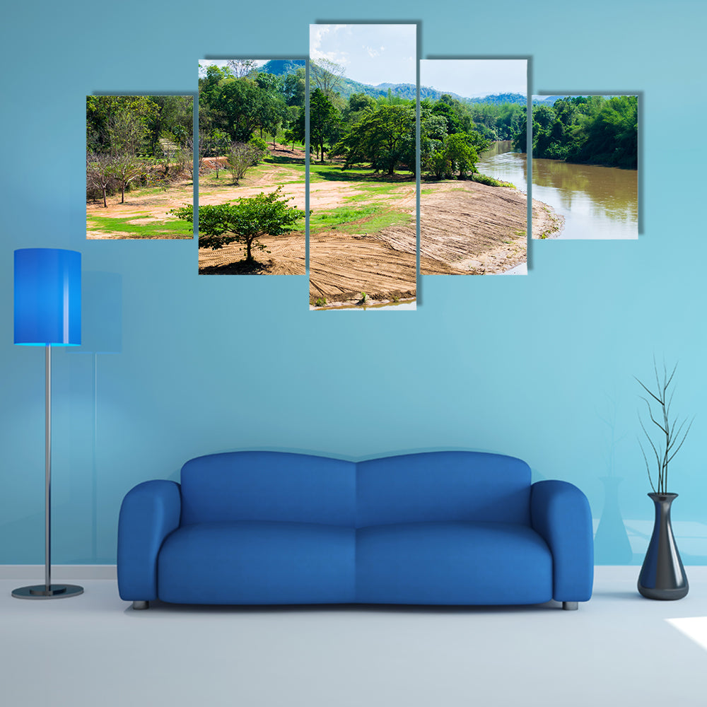 One tree on river view with Beautiful Mountains multi panel canvas wall art