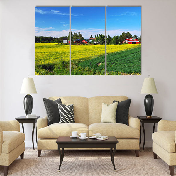 Finnish summer landscape with a field of flowering rape Multi panel canvas wall art