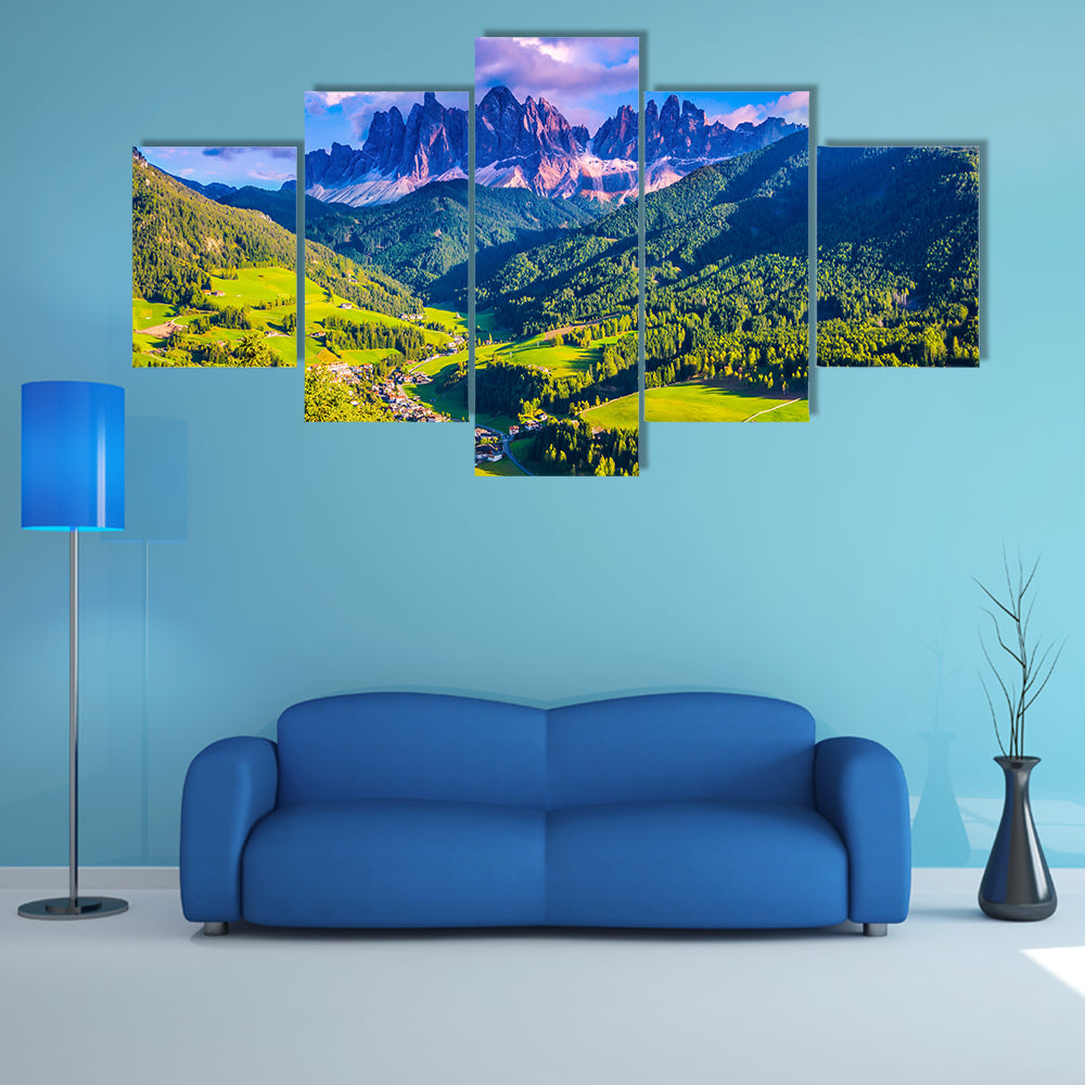 The sun illuminates grandiose crenellated rocks of Tirol, multi panel canvas wall art