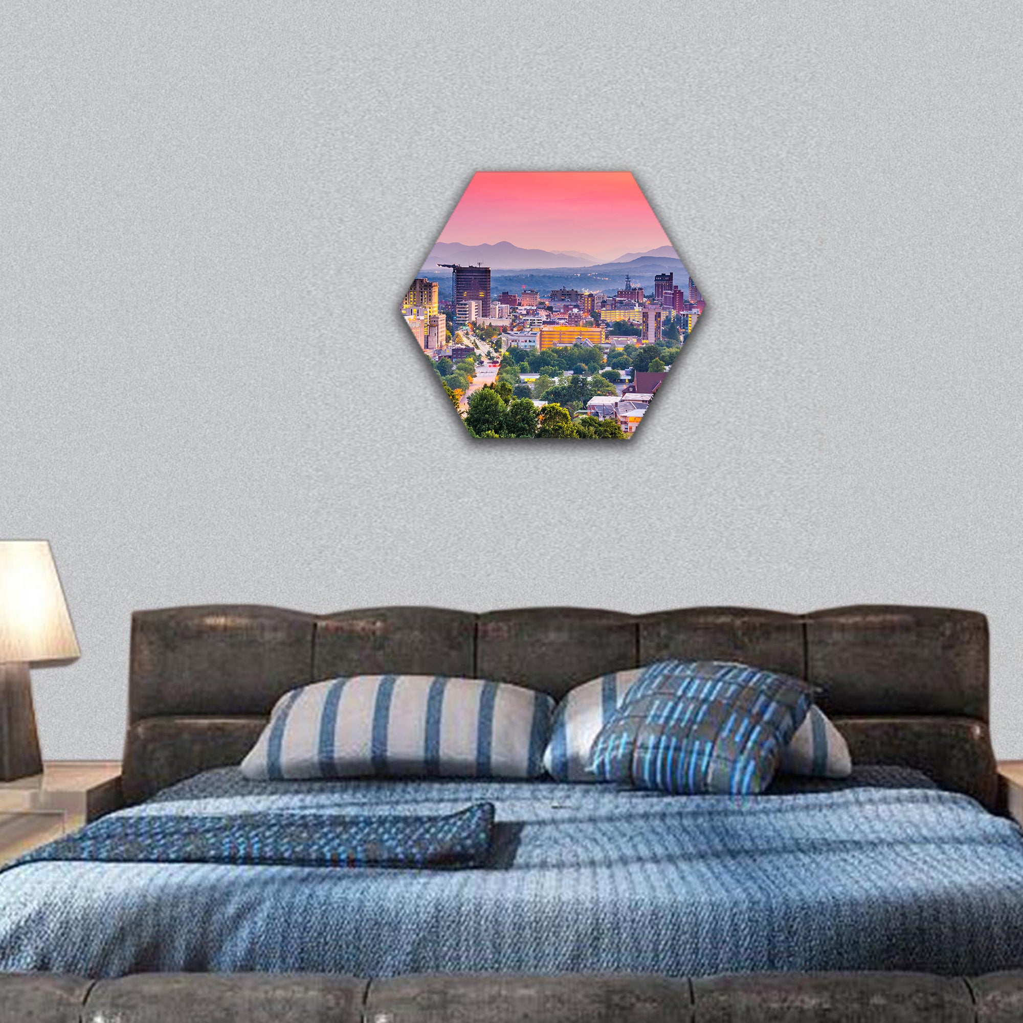 Asheville, North Carolina, USA at twilight hexagonal canvas wall art