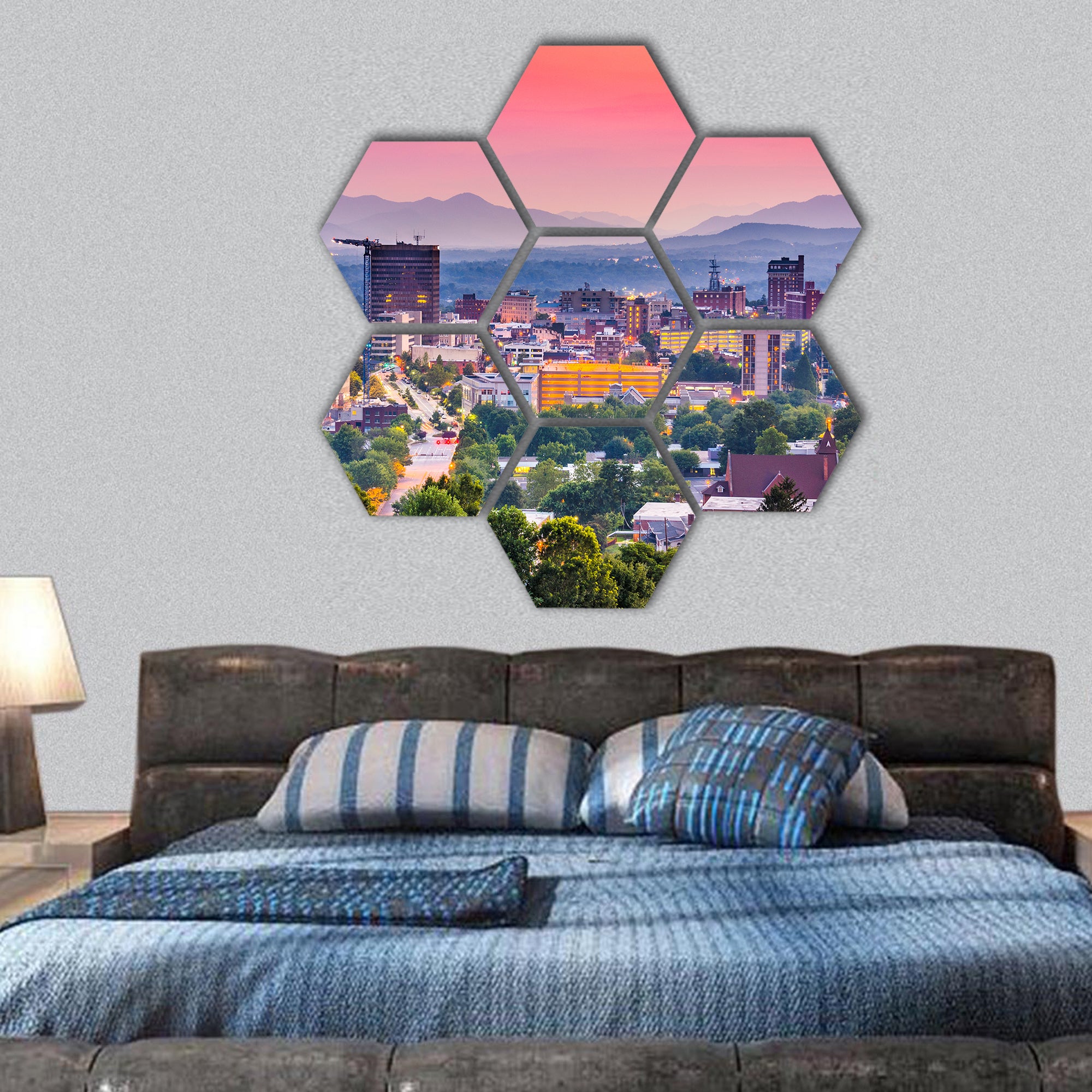 Asheville, North Carolina, USA at twilight hexagonal canvas wall art