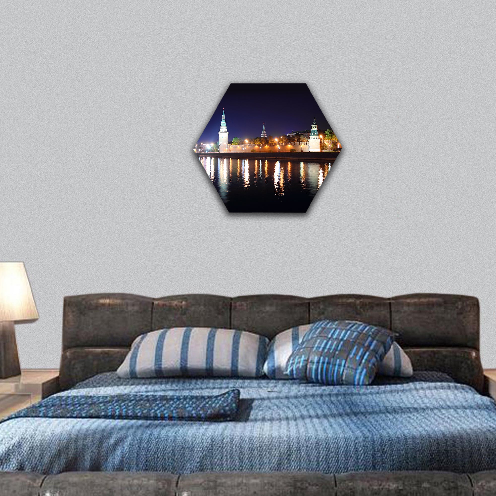 kremlin from river at night in Russia Moscow hexagonal canvas wall art
