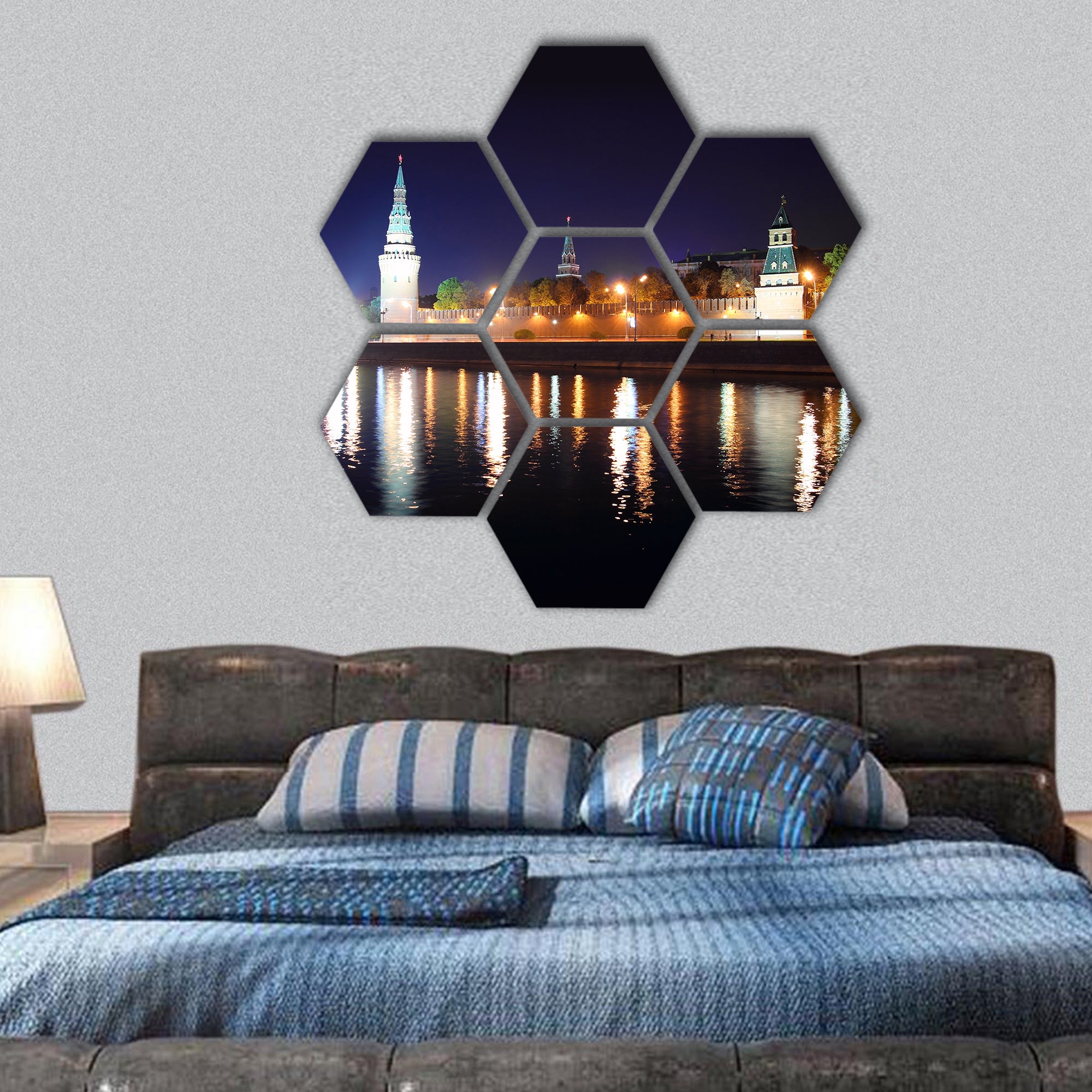 kremlin from river at night in Russia Moscow hexagonal canvas wall art