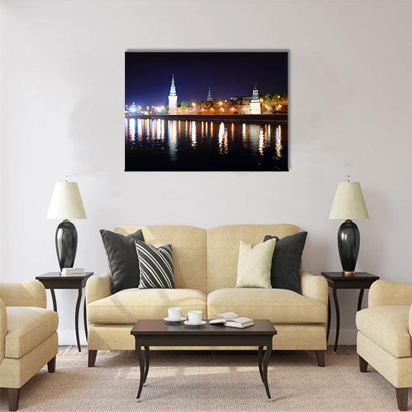 view on kremlin from river at night in Russia Moscow Multi panel canvas wall art