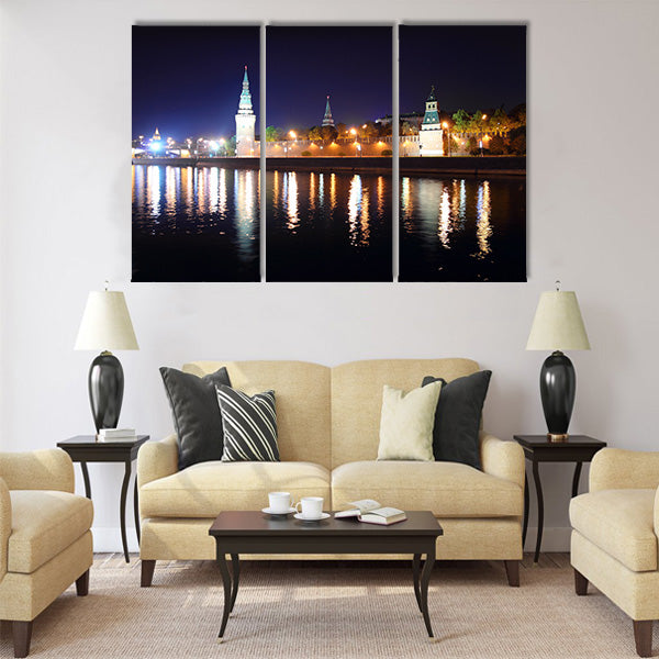 view on kremlin from river at night in Russia Moscow Multi panel canvas wall art