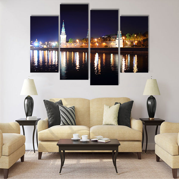 view on kremlin from river at night in Russia Moscow Multi panel canvas wall art