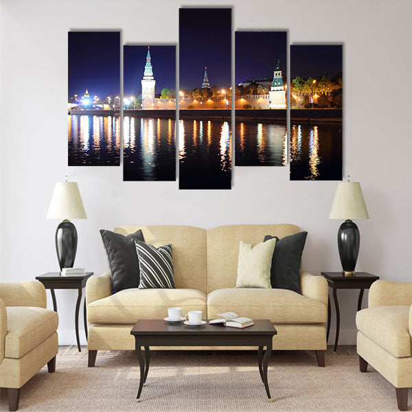 view on kremlin from river at night in Russia Moscow Multi panel canvas wall art