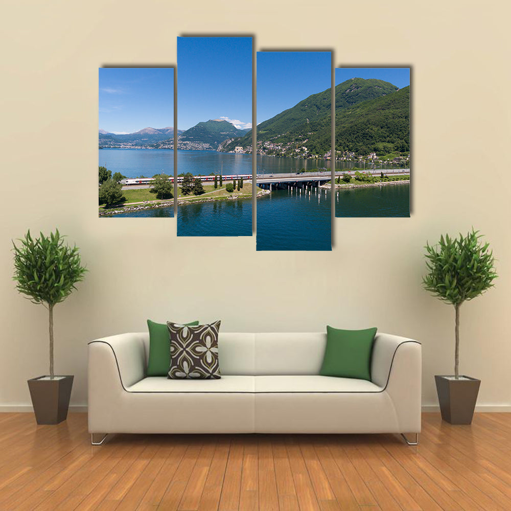 Melide Dam Surrounded By Water Giving A Very Pleasant Scene, Switzerland Multi Panel Canvas Wall Art