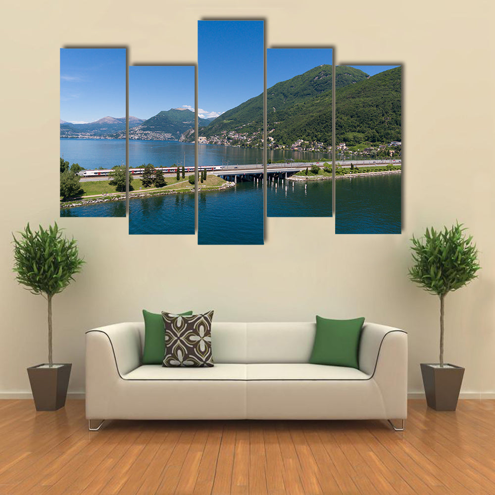 Melide Dam Surrounded By Water Giving A Very Pleasant Scene, Switzerland Multi Panel Canvas Wall Art