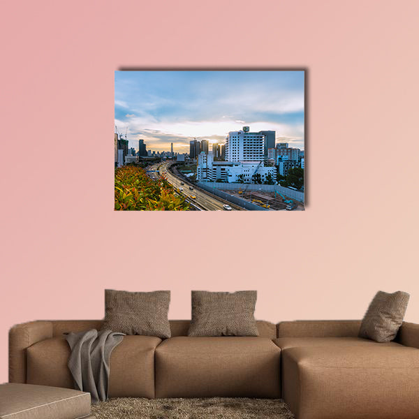 Road traffic transportation and city in Bangkok at twilight sunray wall art