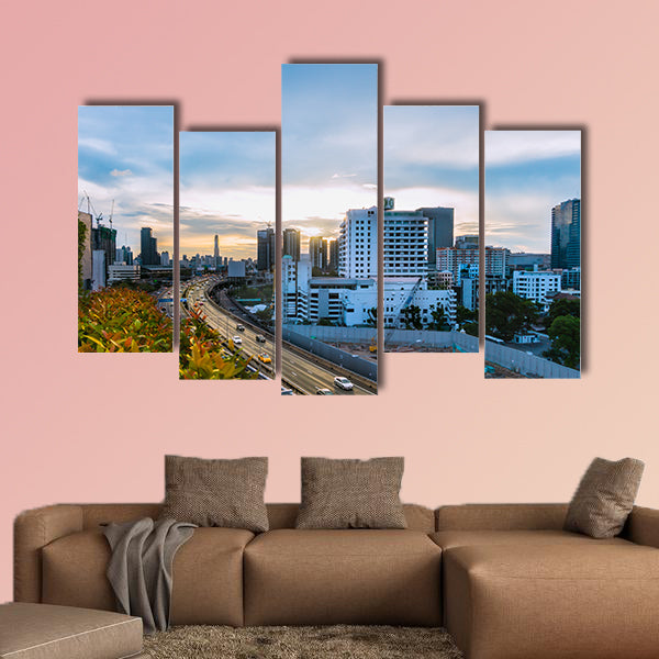Road traffic transportation and city in Bangkok at twilight sunray wall art