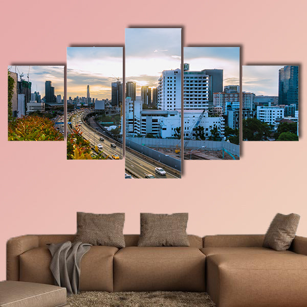 Road traffic transportation and city in Bangkok at twilight sunray wall art