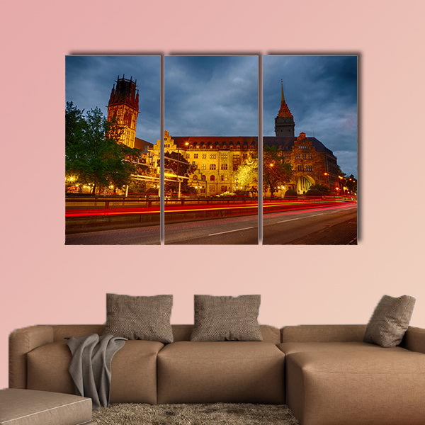 The city hall of Duisburg in Germany at night multi panel canvas wall art