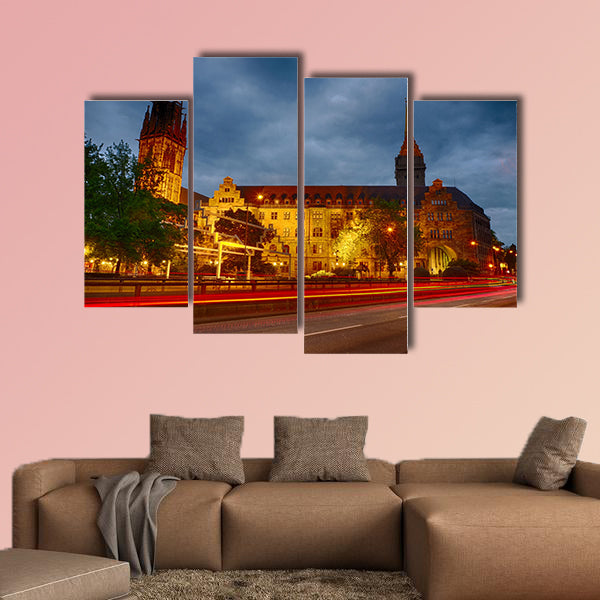 The city hall of Duisburg in Germany at night multi panel canvas wall art