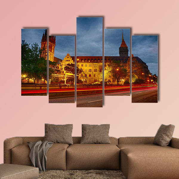 The city hall of Duisburg in Germany at night multi panel canvas wall art