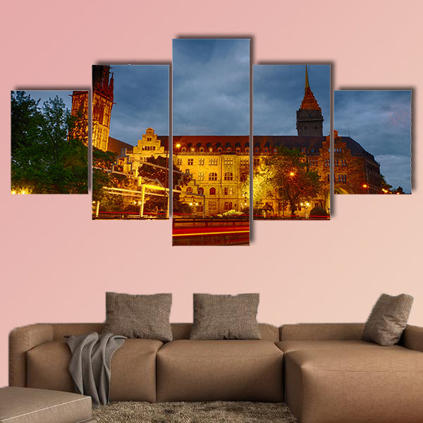 The city hall of Duisburg in Germany at night multi panel canvas wall art