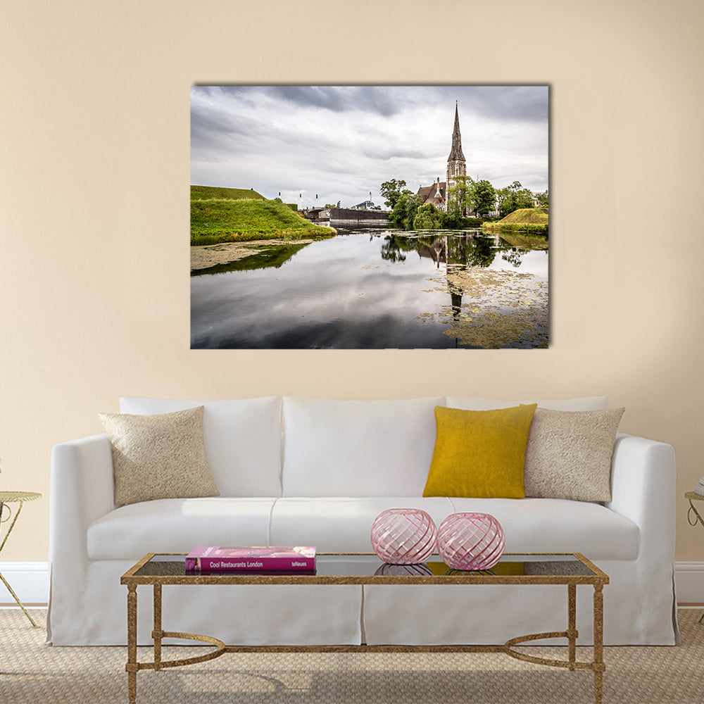 Church reflected on water pond in Churchill Park in Copenhagen a cloudy sunset Multi panel canvas wall art