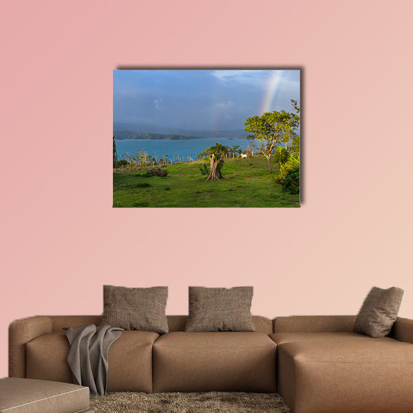 Lake Arenal with a rainbow and sunset light multi panel canvas wall art