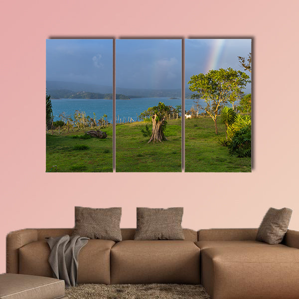 Lake Arenal with a rainbow and sunset light multi panel canvas wall art