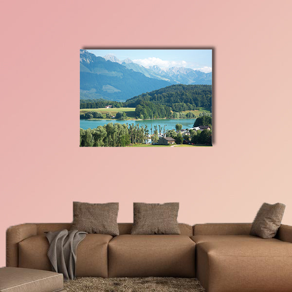 A View of Lac de la Gruyère (Lake of Gruyère) in Switzerland on a Summer Day Multi panel canvas wall art