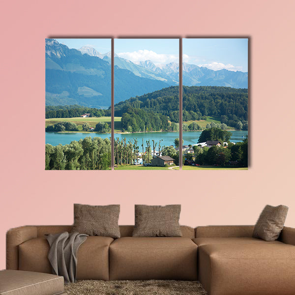 A View of Lac de la Gruyère (Lake of Gruyère) in Switzerland on a Summer Day Multi panel canvas wall art