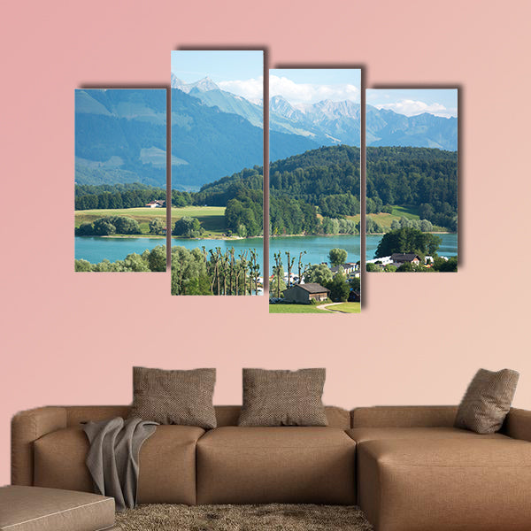 A View of Lac de la Gruyère (Lake of Gruyère) in Switzerland on a Summer Day Multi panel canvas wall art