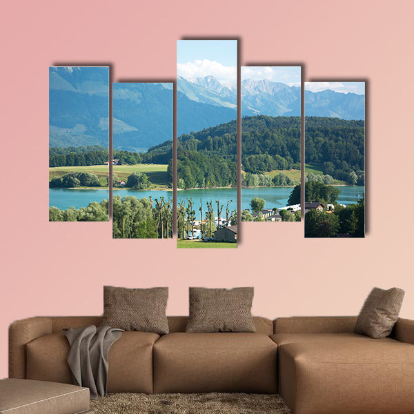 A View of Lac de la Gruyère (Lake of Gruyère) in Switzerland on a Summer Day Multi panel canvas wall art
