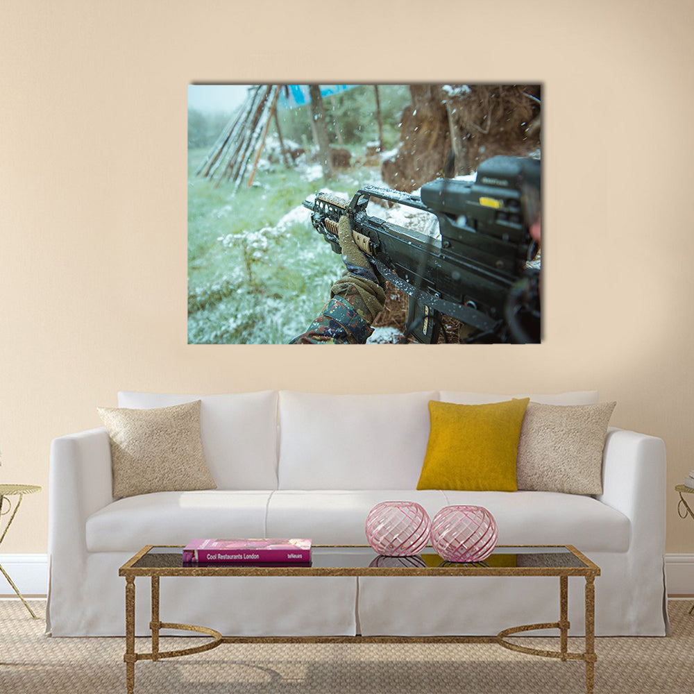 View Of A Sniper Having An Automatic Rifle In His Hand Multi Panel Canvas Wall Art