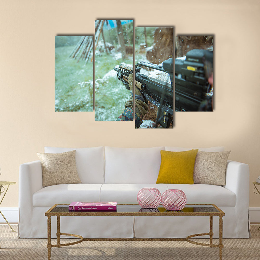 View Of A Sniper Having An Automatic Rifle In His Hand Multi Panel Canvas Wall Art