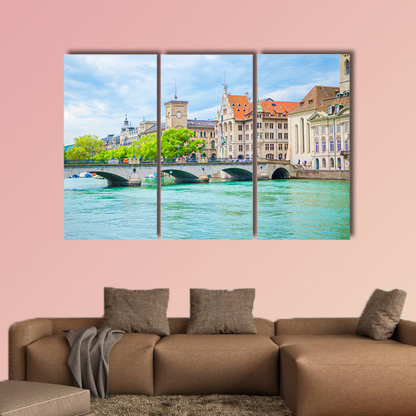 View of the historic city center of Zurich with famous Fraumunster Church multi panel canvas wall art