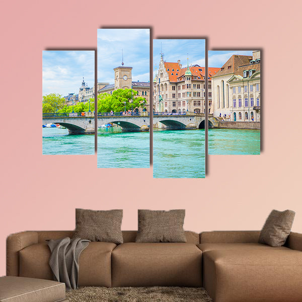 View of the historic city center of Zurich with famous Fraumunster Church multi panel canvas wall art
