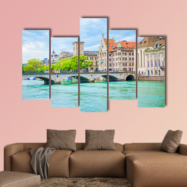 View of the historic city center of Zurich with famous Fraumunster Church multi panel canvas wall art