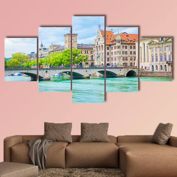 View of the historic city center of Zurich with famous Fraumunster Church multi panel canvas wall art