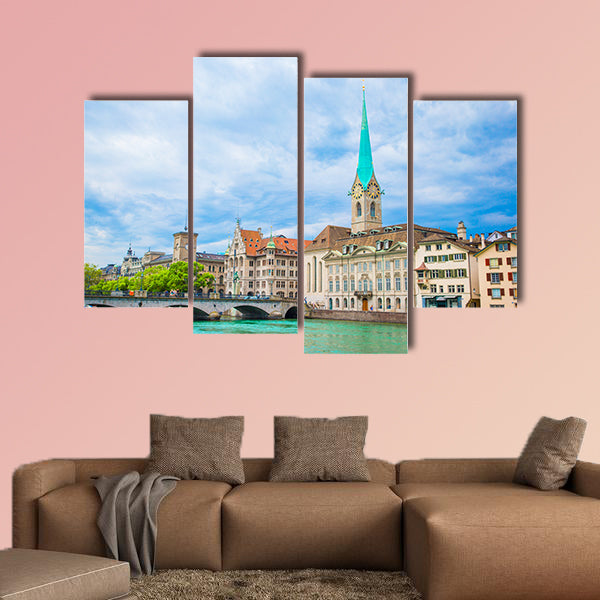 View of the historic city center of Zurich with famous Fraumunster wall art