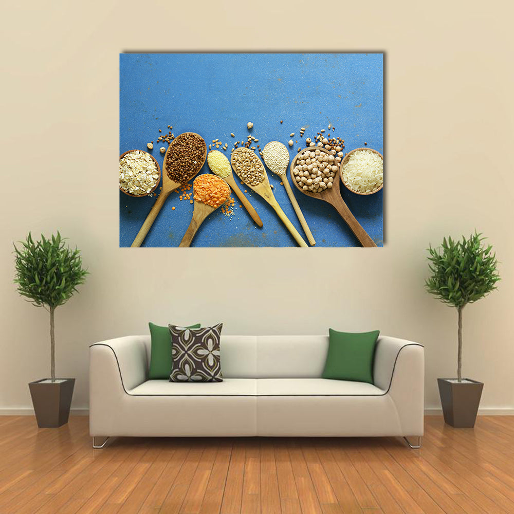 Different types of cereals in wooden spoons buckwheat chickpeas rice quinoa lentils Multi panel canvas wall art