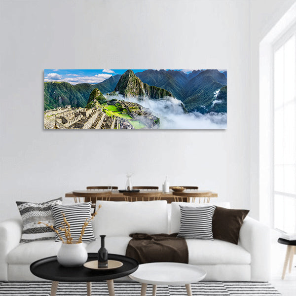 Machu Picchu, agriculture terraces, Wayna Picchu and mountains panoramic canvas wall art